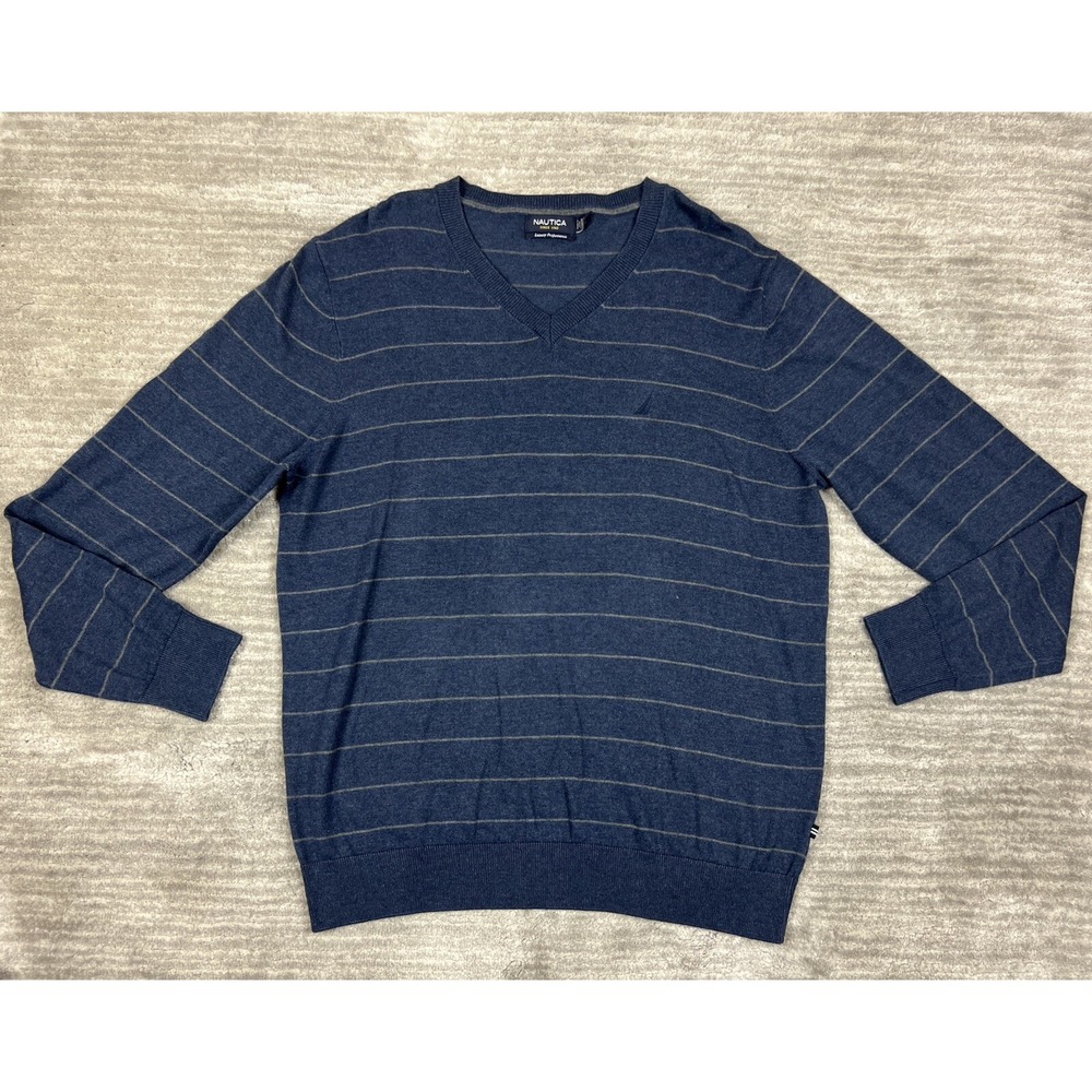 Nautica Sweater Mens XL Blue Luxury Performance V-Neck Striped Cotton Modal XL